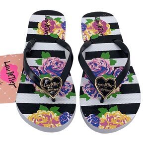 Luv Betsey Johnson Ariah Floral Stripe Flip Flop Sandals Heart Logo Womens Sz 7